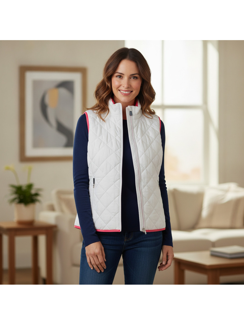 Lands' End Quilted White and Pink Puffer Vest Size Medium